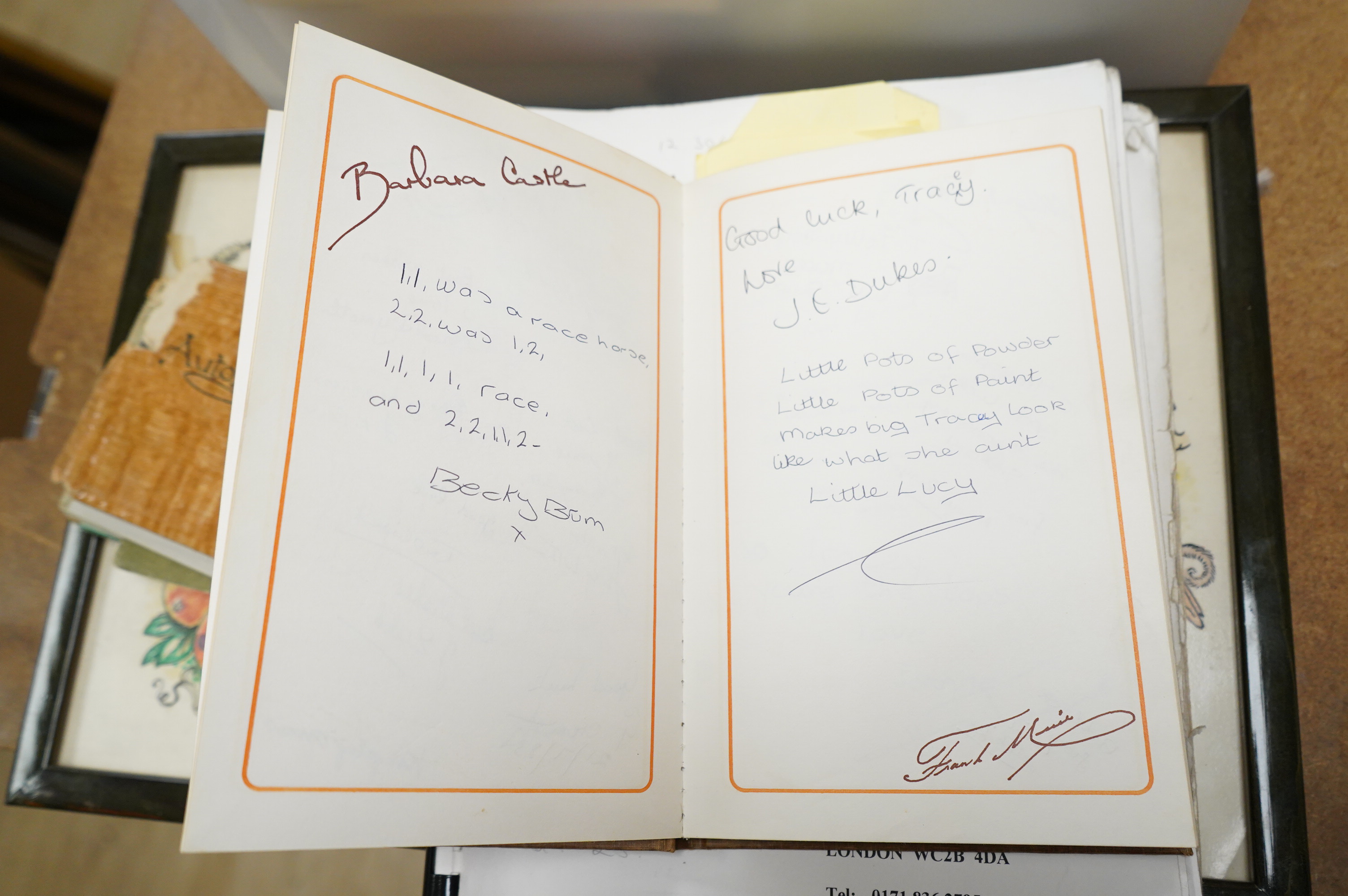 An archive of autographs and signed books relating to Bella Emberg, famed for her work on the Russ Abbot Show, and having originally come from her estate, comprising signatures of mainly television stars of the 1970s, 80